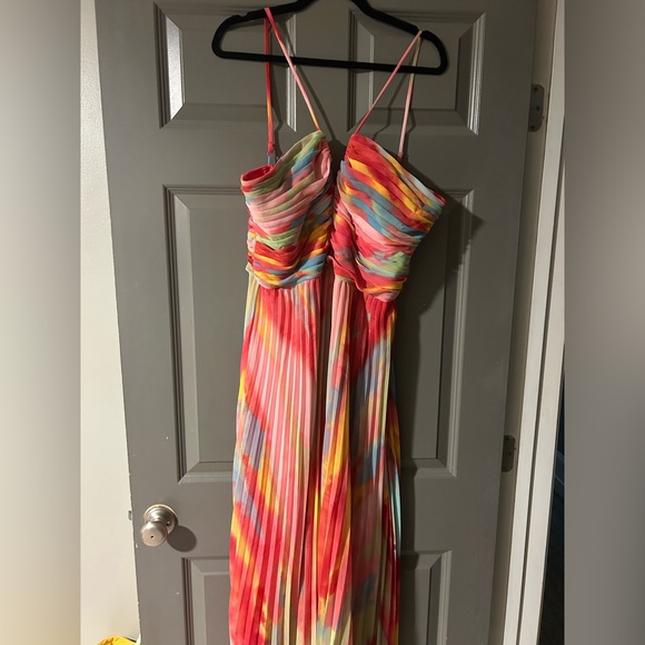 XScape Abstract Print Pleated Chiffon Halter Neckline Sleeveless Maxi Dress - Picture 5 of 9